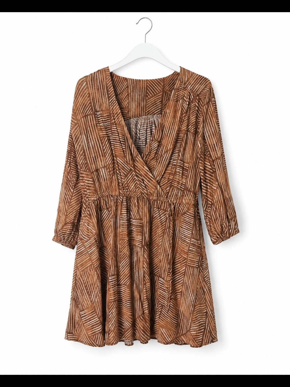 Time and Tru Brown Printed V-Neck Long Sleeve Dress
